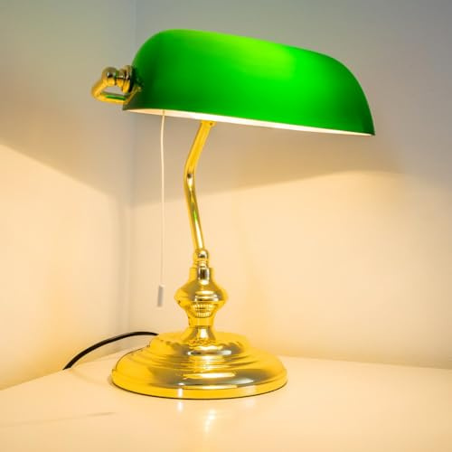 Klassische Bankerlampe, Retro Tischlampe aus Metall in poliertem Messing, Leuchtenschirm aus Glas in Grün, E27, Tischleuchte für Büro u. Schreibtisch, Zugschnur zum An-/Ausschalten, ohne Leuchtmittel