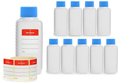 Octopus 10 x 100 ml Kunststoffflaschen, HDPE Plastikflaschen mit blauen Schraubverschlüssen, Leerflaschen mit blauen Schraubdeckeln, Vierkantflaschen inkl. 10 Beschriftungsetiketten