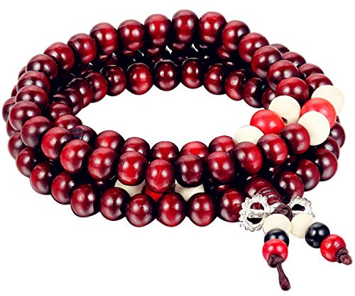 Flongo 6mm Holz Armband Link Handgelenk Halskette Kette Tibetische Buddhist Buddhistischen Rot Weiss Schwarz Sandelholz Kugel Perle Perlen Gebet Buddha Gebet Mala Elastisch Herren,Damen