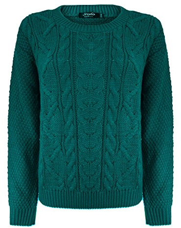 TOP VENDOR Ladies Cable Knitted Crew Round Neck Long Sleeve Womens Jumper Sweater Size 8-14 [Bottle Green,SM]