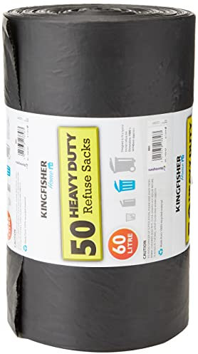 Kingfisher Heavy Duty Refuse Sacks, Black 60 Litres - 50-Piece