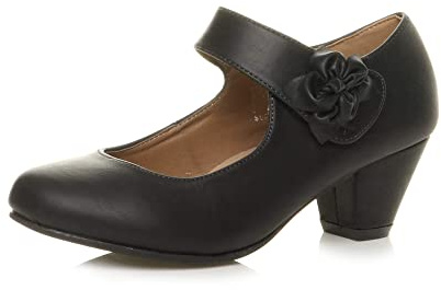 AJVANI Womens Ladies Low Block Kitten Heel Mary Jane Style Flower Leather Lined Work Court Shoes Pumps Size.