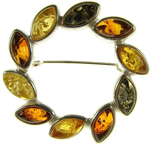 BALTIC AMBER AND STERLING SILVER 925 DESIGNER MULTI-COLOURED FLOWER LEAF BROOCH PIN JEWELLERY JEWELRY