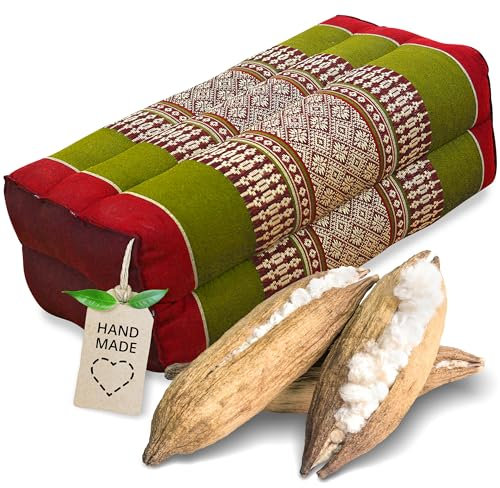 livasia Block Yogakissen eckig - 17x34x12cm - Meditationskissen mit Kapok, Stützkissen Bolster rechteckig, Yoga Pilates Zubehör Nackenkissen, Thaikissen fest handgefertigt (Rot/Grün)