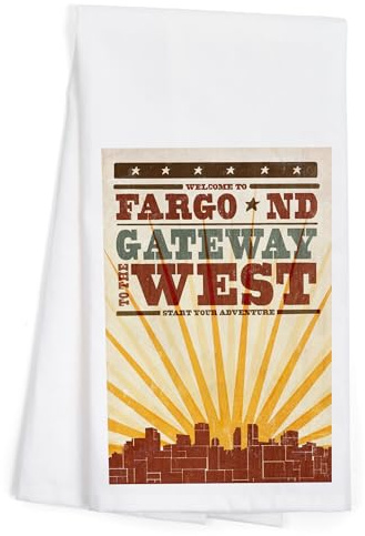 Lantern Press Fargo, North Dakota, Skyline and Sunburst Screenprint Style (100% Cotton Tea Towel, Decorative Hand Towel, for Kitchen and Home)