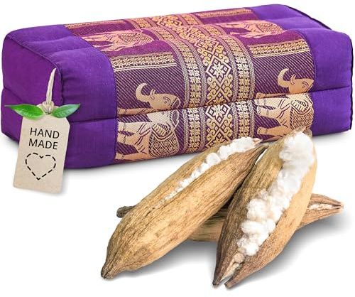 livasia Blocco Cuscino Yoga Rettangolare Seta thailandese - 17x34x12cm - Cuscino Meditazione kapok, Cuscino Rettangolare, Accessorio Yoga Cuscino per Il Collo, Fatto a Mano (Lilla/Elefanti Seta)