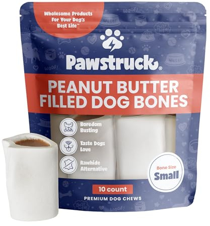 Pawstruck Small 3 Filled Dog Bones, Peanut Butter Flavor - Made in USA Long Lasting Stuffed Femur for Aggressive Chewers Dental Treat - Pack of 10 - Packaging May Vary