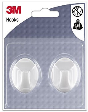 3M Plastique Moyen Crochet Adhésif Blanc Ovale - 2 Crochets