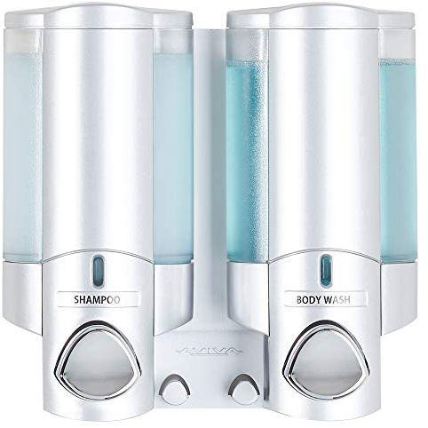 Better Living Aviva Shower Dispenser 2 Chamber, Wall Mount Shower Soap Dispenser for Bathroom Hotel Body Wash, Built-in Hooks, No Drill, Waterproof Shampoo Soap Dispenser, 2 x 11 oz, Satin Silver