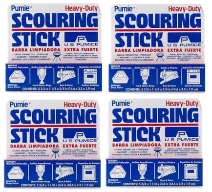 PUMIE Pumice Scouring Stick for Cleaning Toilet Bowl Rings & Hard Water Stains, Bathroom, Pools & Tubs, Pumice Stone for Toilet Cleaning, Rust, Grills, Food Build Ups, Pack of 4, includes Scouring Pad