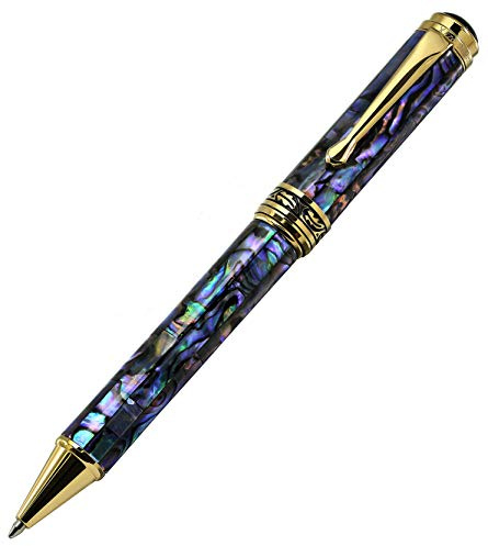 Stylo à bille à rotation Xezo Maestro, pointe moyenne. Incrustation de coquillages paua de Nouvelle-Zélande irisés. Plaqué or 18 carats. Fabriqué à la main, édition limitée, sérialisé