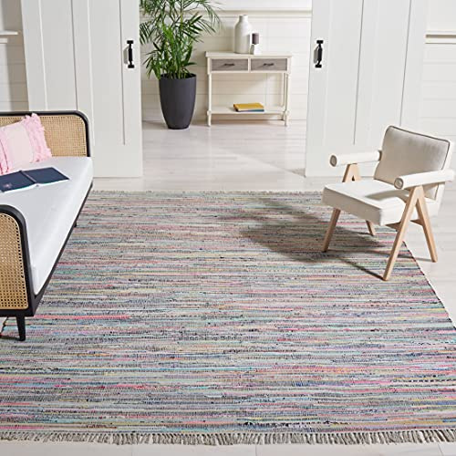 SAFAVIEH Rag Rug Collection Area Rug - 6' Square, Grey & Multi, Handmade Boho Stripe Cotton, Ideal for High Traffic Areas in Living Room, Bedroom (RAR121M)