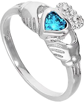 Sterling Silver & Aquamarine CZ Crystal March Birthstone Claddagh Ring Size P (Available I - U)