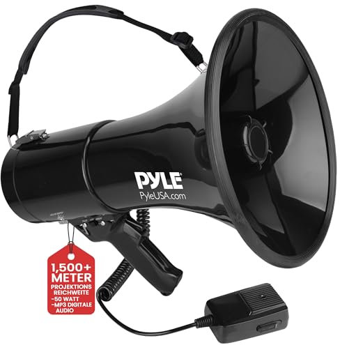Pyle 50W Megafon mit Sirene & Mikrofon , Tragbar, Handmikrofon, 200m Reichweite Lautsprecher für Outdoor, Sport & Sicherheit Modellvarianten mit AUX/Recorder verfügbar