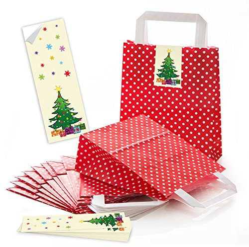 Logbuch-Verlag 25 kleine rot weiß gepunktete Geschenktüte Weihnachten Weihnachtstüte Kollegen Mitarbeiter Kunden Geschenkbeutel mit Henkel Griff 18 x 8 x 22