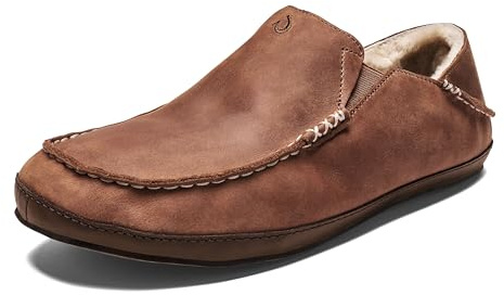 OluKai Moloa Slipper, Men's Premium Leather Slip-On Shoes, Soft Genuine Shearling Lining & Gel Insert, Drop-In Heel & All-Day Comfort, Toffee/Dk Wood, 9