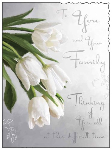 Tarjeta de condolencias (JJ5359) con diseño de tulipanes y frase en inglés «To You and Your Family», con relieve en color plateado