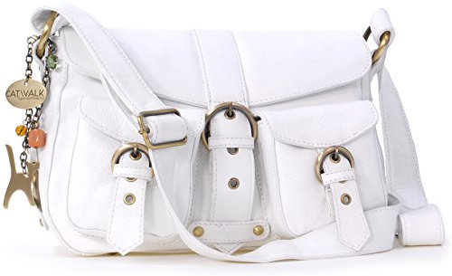 Catwalk Collection Handbags - Damen Leder Umhängetasche - Crossbody Bag/Handtasche Mittelgroß - Verstellbarer Schultergurt - LOUISA - Weiß