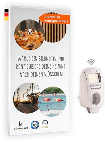Könighaus Infrarotheizung – jetzt selbst konfigurieren – wähle Wattstärke, Rahmen, Farbe, Kabelausgang, Thermostat & Motivdruck – TÜV SÜD geprüft – 5 Jahre Garantie – Bildheizung Wandmontage