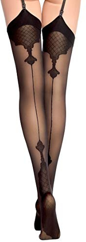 Fiore Vanity - Calze fantasia con motivo di cucitura 40den per reggicalze, Nero , L
