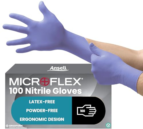 Ansell MicroFlex 93-843 Powder-Free Disposable Nitrile Gloves, Multipurpose, Chemical and Mechanical Protection, Blue, Size XS (100 Pieces)