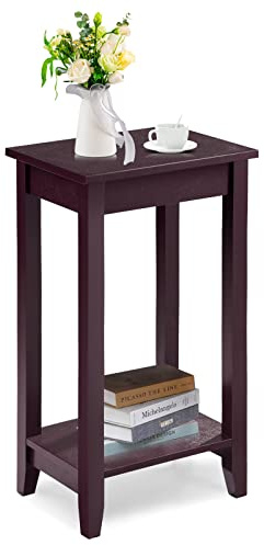 Giantex 2-Tier End Table Nightstand, Bedside Sofa Table for Living Room Bedroom, Narrow Telephone Table with Shelf and Legs for Small Spaces, Espresso