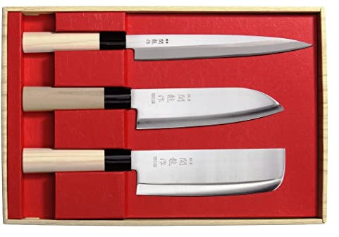 Set 3 Coltelli Giapponesi SekiRyu Sashimi, Santoku & Nakiri SR800 - Lama Acciaio Inox