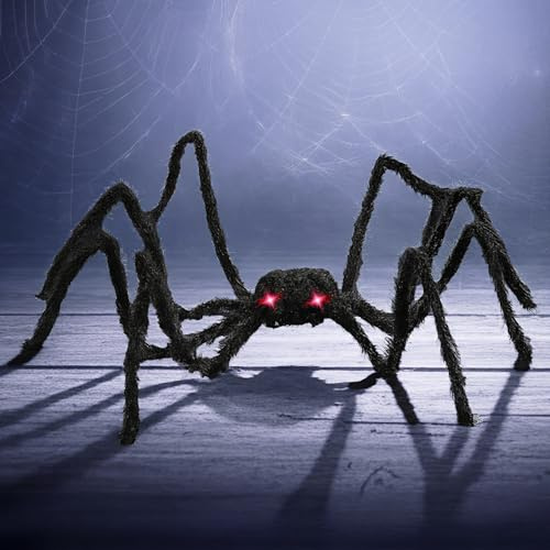 PREXTEX Halloween Spider with Light Up Eyes (LED Lights) - Decorations 4 Ft Hairy Spider Prop with Giant LED Red Eyes - Halloween Decor for Indoor, Outdoor, Golf Cart, Wall - Door Hanger