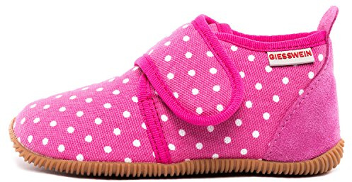GIESSWEIN Hausschuh Stans - Slim Fit - Kinder Hausschuhe Unisex | Bequeme Baumwoll Slipper | Mädchen Pantoffeln mit Punkten | rutschfest,25 EU, Himbeer 364