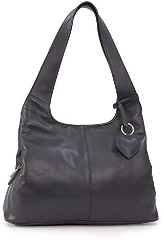 Gigi - Damen Leder Schultertasche - Handtasche Mittelgroß mit Viele Fächer- Herz Schlüsselring - OTHELLO 4326 - Schwarz