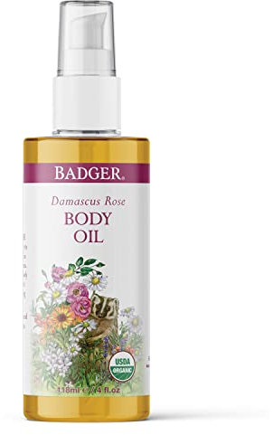 Badger Organic Rose Body Oil, Jojoba & Pomegranate, 4 fl oz Glass Bottle