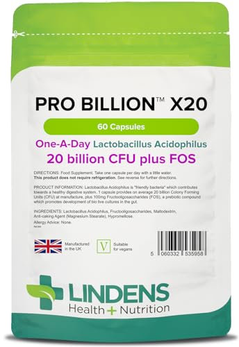 Lindens - Pro Billion X20, 60 Capsules - 20 Billion CFU Plus FOS - 1 a Day, UK Made - High Potency Lactobacillus Acidophilus, Healthy Digestion - Letterbox Friendly, Vegan