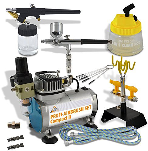 PROFI AIRBRUSH SET con compresor de aerógrafo Compact II - pistola de aerógrafo - cepillos de limpieza - kit de AERÓGRAFO ideal para principiantes y usuarios avanzados de la tecnología de aerografía!
