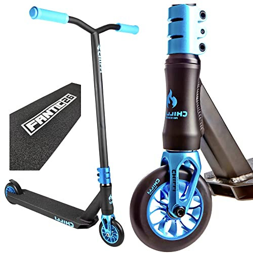 CHILLI Pro Scooter Patinete profesional para acrobacias, de 110 mm + extremos de barra Odi + pegatinas F26, Wave Blau + Odi