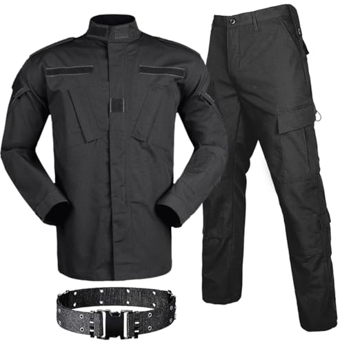 HANSTRONG GEAR Uniforme militare tattica da uomo per caccia e combattimento BDU uniforme camicia e pantaloni con cintura, Bk, XL