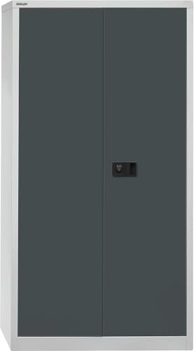 BISLEY Flügeltürenschrank Universal, 3 Fachböden, 4 OH, Metall, 525 Korpus Lichtgrau, Fronten Anthrazitgrau, 40 x 91.4 x 180.6 cm,Professionelle Lackierung,Montiert,Garage,Arbeitszimmer,abschließbar