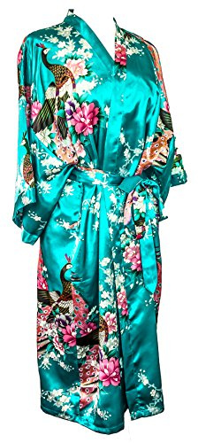 Kimono Robe Long 16 Colors Premium Peacock Bridesmaid Bridal Shower Womens Gift, 8 - 16 UK adult, Blue Turquoise