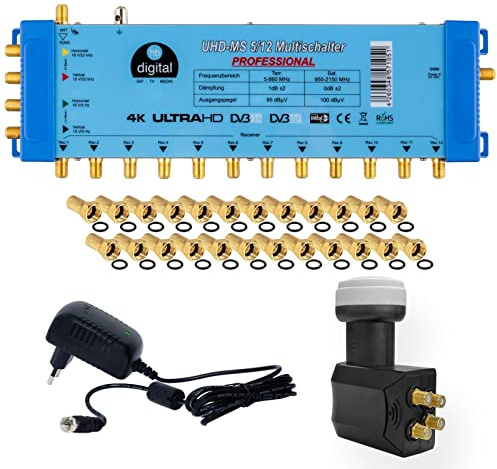 hb-digital Multischalter pmse 5/12 für 1x SAT bis 12 x Teilnehmer/Receiver mit Netzteil + Quattro LNB Profi für Full HDTV 3D 4K UHD + 25 Vergoldete F-Stecker mit Gummidichtung