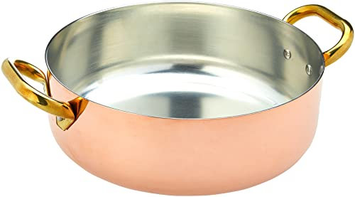 Pentole Agnelli ALCU10628 Casseruola Bassa in Rame con 2 Maniglie in ottone, Rame liscio stagnato a mano, 28 cm