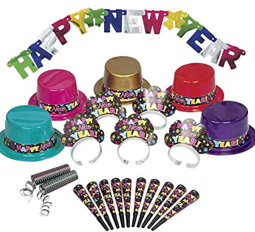 Silvester Partybox Happy New Year für 10 Personen - 22 Teile - Partyhüte, Tiaras, Tröten, Banner & mehr