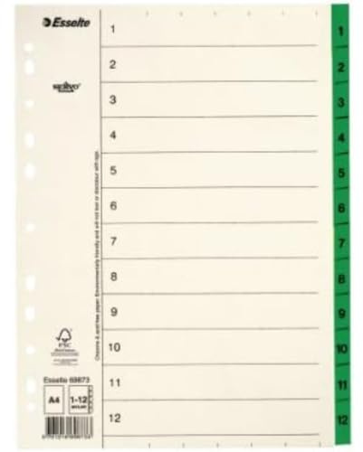 Esselte Servo Register, A4, Mylarförstärkta Flikar, 1–12, Vit/Grön, 69873