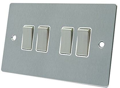 AET FSC4GSWIWS 10 A 4-Gang 2-Way Satin Chrome Flat Light Switch with White Insert Metal Rocker Switch