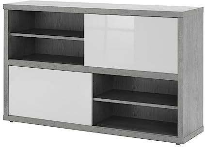 Composad | Libreria Bassa della Linea PRATICO con 2 Ante Scorrevoli, Mobile Multiuso, Cassettiera Ufficio, (LxAxP) 140x87x35,60 cm, Colore Grigio Cemento e Bianco Laccato, Made In Italy