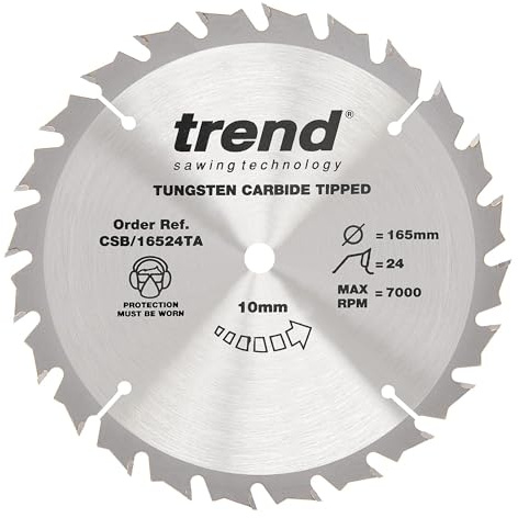 Trend Wood Cordless Circular Saw Blade, 165mm Diameter, 10mm Bore, 24 Teeth, 1.5mm Kerf, +15° Hook, TCT, Medium Finish, CSB/16524TA