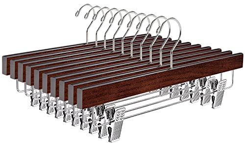 Amber Home 10 Pack Walnut Wooden Pants Hangers with Clips, 14 Wood Skirt & Trousers Hangers, Closet Hangers for Jeans, Slacks, Shorts, with 2-Adjustable Clips (Vintage, 10)
