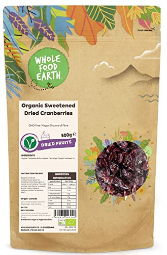Wholefood Earth - Arándanos secos ecológicos endulzados, 500 kg, sin transgénicos, veganos, fuente de fibra, con certificación ecológica