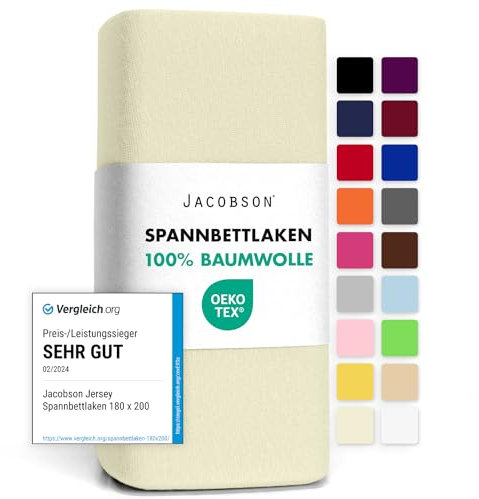 Jacobson Jersey Spannbettlaken Spannbetttuch Baumwolle Bettlaken (90x200-100x200 cm, Natur)