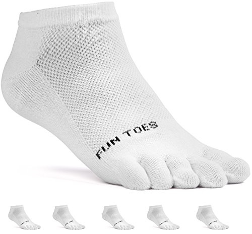 FUN TOES Women's Cotton Toe Socks Barefoot Running Socks -PACK OF 6 PAIRS- Size 9-11 -Lightweight- (White)