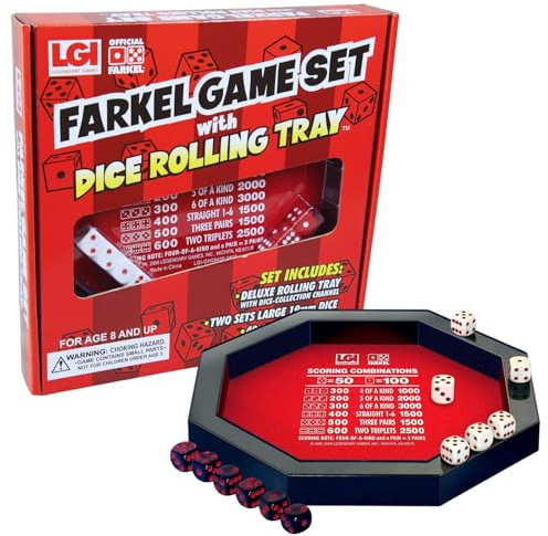 Farkel Game Set with Deluxe Dice Rolling Tray, Built-in Dice-Collection Channel, 2 Sets of Dice, 40-Sheet Scorepad, Classic Family Game