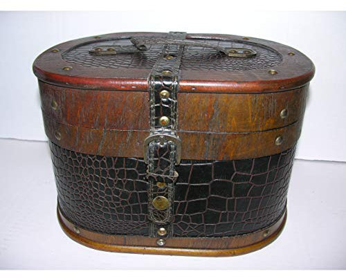 gr Nostalgischer ovaler Hutkoffer 28cm Holz Leder Hutschachtel Antik-Stil Truhe Box